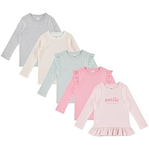 Cudlie 5-Pack Infant/Toddler Girl Long Sleeve Shirt - Basic Baby Tees, Blouses, Tops - Solid Print & Ruffled Tshirts