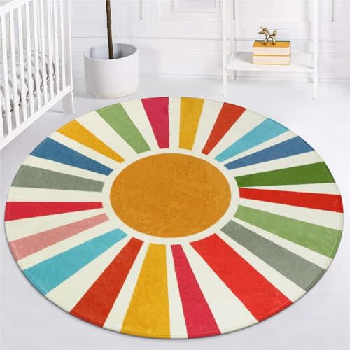 STARUIA Boho Washable Rug 5 Ft Round Area Rug for Bedroom, Rainbow Circle Kids Rug for Office, Non-Slip Circluar Carpet Soft Sunshine Rug for Dorm Nursery Sofa Living Room Corner