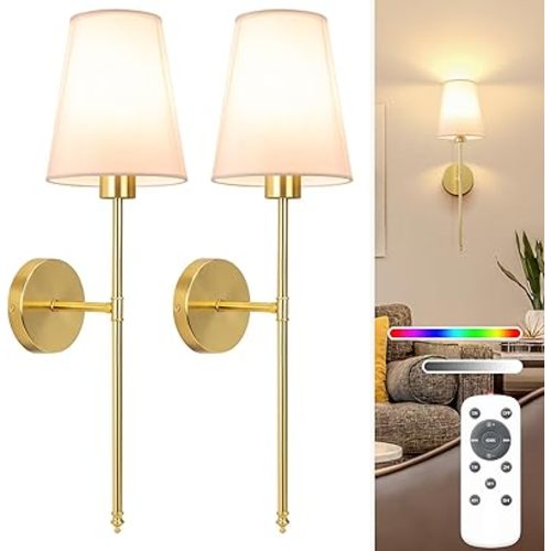 NIORSUN 25.4 inch Battery Operated Wall Sconce Set of 2,Gold Rechargeable Wall Lights with 5200mAh Dimmable Detachable Bulbs and Remote,9 Colors Wireless Sconces for Bedroom Living Room Hallway