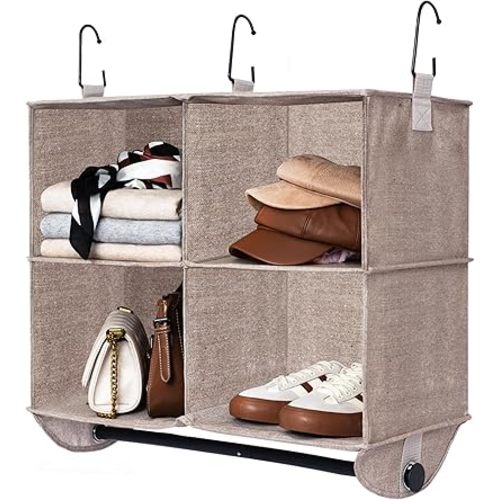 StorageWorks Hanging Closet Organizer with Garment Rod, 4-Section Clothes Storage for Closet, 12 ¼" D x 24 ½" W x 28" H， Mixing of Brown & Beige