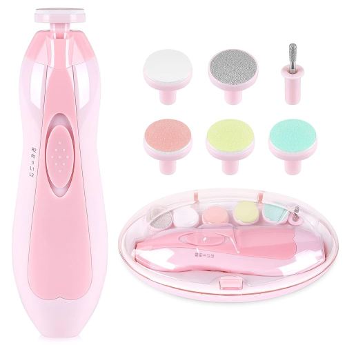 Baby Nail Clippers Baby Safe Electric Trimmer Nail File Kit for Newborn Infant Toddler Kids Toes and Fingernails - Care, Polish and Trim - 6 Grinding Heads and LED Light, Pink