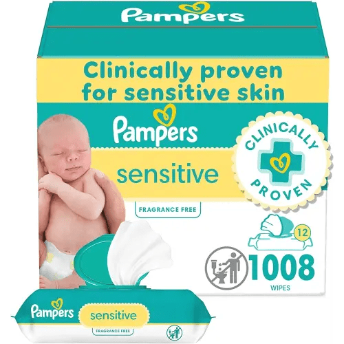 Pampers Baby Wipes, Sensitive, Water Based Wipe, Clinically Proven, Hypoallergenic, and Unscented for Babies, 1008 Wipes Total (12 Flip-Top Packs)