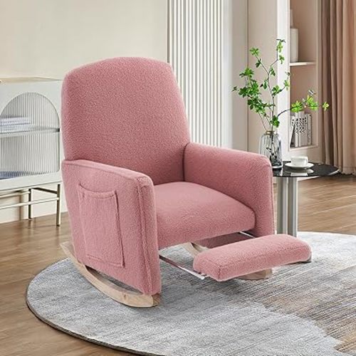 Hommoo Rocking Chair Nursery Glider Rocker Chair Teddy Fabric Upholstered Accent Chair with Adjustable Footrest High Back Rocker Arm Chair for Mom and Baby Nursery Living Room Bedroom Pink