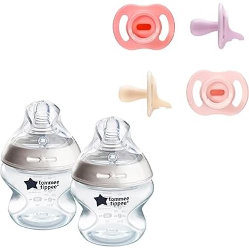Tommee Tippee Ultra-Light StayPut Pacifier, 0-6m, 4 Pack, Pink & Natural Start Anti-Colic 5 oz BPA Free Newborn Baby Bottles, Designed for Seamless Transition Between Bottle and Breast, Pack of 2