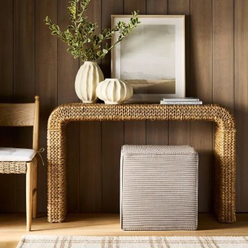 Lynwood Square Upholstered Cube Ottoman Tan Checkered - Threshold™ designed with Studio McGee