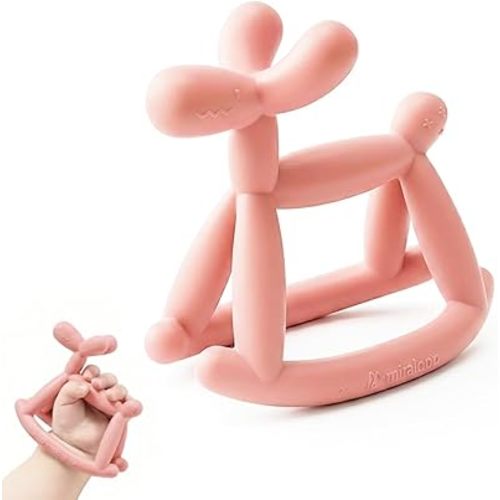 Teething Toy for Baby 3, 6, 12, 18 Months Infant, Jellydog Never Drop Food Grade Silicone Rocking Teether, Prevent Choking & Odorless, Less Dust and Hair Adhesion, Baby Gift, Mist Pink