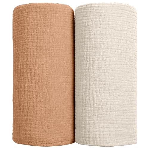 lulumoon Muslin Swaddle Blanket Baby - Cotton Swaddling Blanket Soft Baby Receiving Blankets Neutral 2Pack(Caramel), Solid