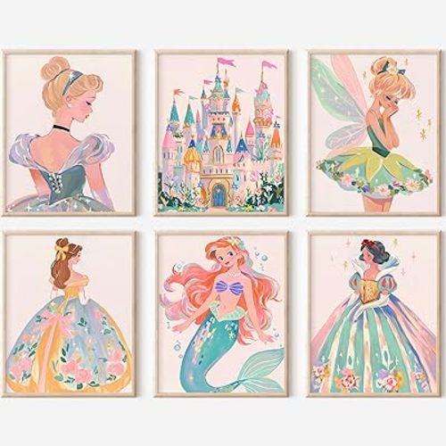 Disney Princess Wall Art - Set of 6 (8.5 x11) Unframed Prints | Whimsical Fairy Tale Décor for Girls Bedroom, Toddler Room, or Nursery | Cute & Magical Posters for Kids' Room Decoration (Classic Disney Princess)