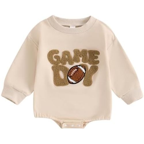 Muasaaluxi Newborn Baby Girl Boy Football Outfit Game Day Embroidery Romper Crewneck Sweatshirt Fall Winter Clothes