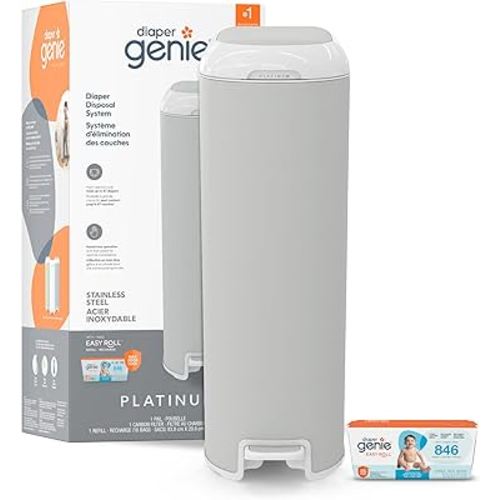 Diaper Genie Platinum Pail (Grey) is Made in Durable Stainless Steel and Includes 1 Easy Roll Refill with 18 Bags That can Last up to 5 Months.