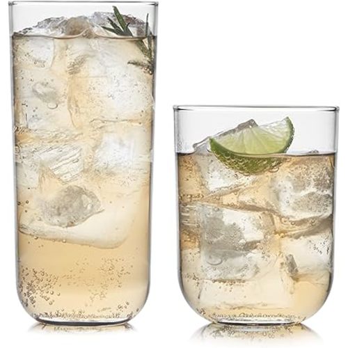 Libbey Polaris Tumbler and Rocks Glass Set, Elegant Drinkware Glasses Set, Lead-Free Tall Drinking Glasses with Modern Clean Lines, Dishwasher Safe Drinking Glasses Set of 16, Axis