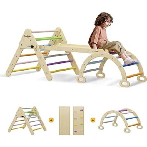BanaSuper Colorful 3 in 1 Pikler Triangle Set with Ramp & Arch for Kids Foldable Climbing Triangle Ladder Wooden Triangle Climber Montessori Toddler Climbing Toys Outdoor Indoor Playground Play Gym