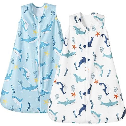 PHF Warm Micro-Fleece Baby Sleep Sack 6-12 Months, Soft Baby Wearable Blanket, 2-Way Zipper Sleeping Bags, 2 Pack Comfy Toddler Sleeping Sack for Boys, Medium Size, Shark
