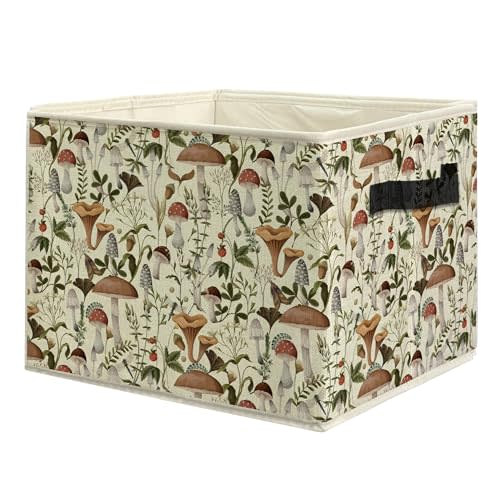 uinwk Rustic Cottagecore Mushroom Storage Bins, Farmhouse Wildflower Botanical Mushroom Collapsible Storage Box Laundry Basket with Handle for Home Bedroom Bathroom Office Clothes Toys Books