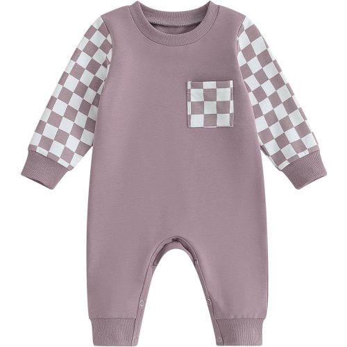 Karuedoo Newborn Baby Boy Girl Clothes Checkered Plaid Romper Jumpsuit Long Sleeve Bodysuit One Piece Outfit Fall Outfit - A-purple