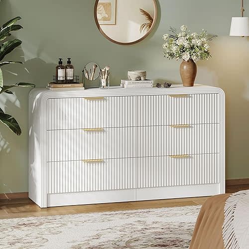 Fluted 6 Drawers Dresser for Bedroom, 55 Inch Wood Dressers with Gold Handles, Modern Dressers with Wave Texture, Large Storage Chest of Drawers, Bedroom Dresser Organizer (Pure White)