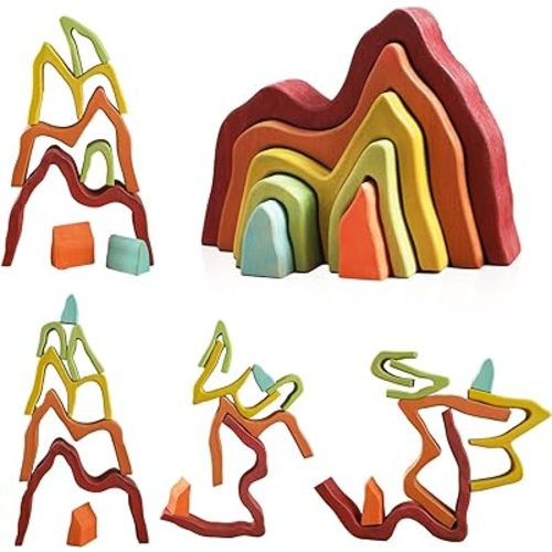 Wooden Rainbow Stacking Toy | House Bulding Block | Montessori Geometry Educational Stacking Game | Learning Educational Toys for Kids Baby Toddler(Volcano)
