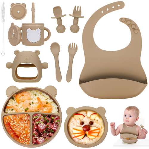 PERRYHOME Silicone Baby Feeding Set, 12pcs Safe Baby Led Weaning Supplies, Baby Plates and Bowl Set, Baby Spoon and Baby Bib, Baby Feeding Essentials(Brown)