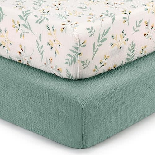 Blissful Diary Muslin Crib Sheets for Girl Boy, Boho Neutral Soft Cotton Baby Sheet for 52''x28'' Standard Crib Mattress, 2 Pack(Roman Green&Leaf)