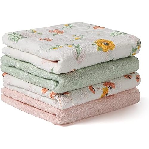 lasoftan Baby Muslin Burp Cloths, 100% Cotton Burping Cloths Super Absorbent Soft, Bath Towel Burp Cloths for Baby Girl Boy, Great Gift for Newborn, 10 x 20 inch, 4 Pack, Leaves & Flowers