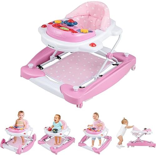 HONEY JOY Baby Walker, 6-in-1 Foldable Baby Walker and Bouncer Combo, Infant Activity Walker with Wheels, Adjustable Heights, Rocker, Music, Lights, Walker for Baby Boy Girl 7-14 Months
