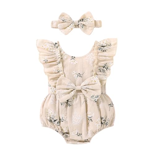 YOUNGER TREE Newborn Baby Girl Clothes Ruffle Sleeve Rompers Infant Backless Floral Jumpsuit Summer Outfits with Headband