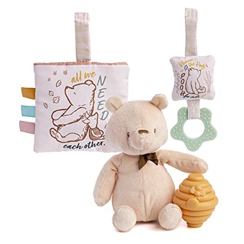 Classic Pooh 4 Piece Set with Pooh Stuffed Animal, Squeaker Toy, Crinkle Square, and Teether