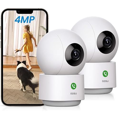 AOSU 4MP Security Camera Indoor - 2.5K Baby Monitor Pet Camera 360° for Home Security, WiFi Camera with 5/2.4 GHz Wi-Fi Router, One-Touch Call, Smart Motion Tracking (2 Pack)