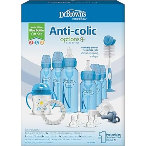 Dr. Brown's Natural Flow Anti-Colic Options+ Special Edition Blue Baby Bottle Gift Set with Soft Sippy Spout Transition Cup, Flexees Teether, Bottle Cleaning Brush and Travel Caps