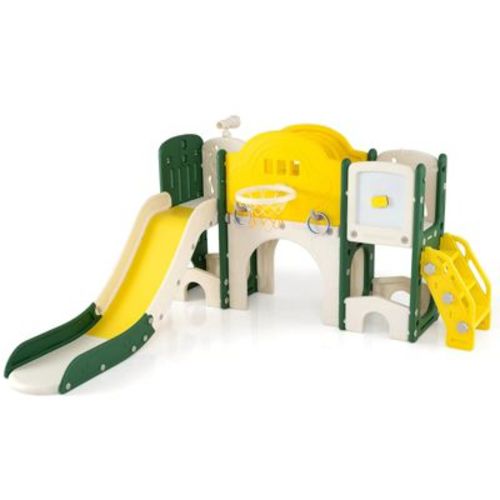Costway 10 in 1 Toddler Slide Set with Magnetic Whiteboard, Telescope Ring Toss for Ages 3+ Green+Yellow