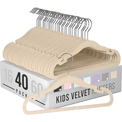 Velvet Baby Hangers for Clothes - Heavy Duty Non Slip Velvet Kids Hangers Or Toddler Hangers for Closet | Ultra Thin Design Kid Hangers for Space Saving - Ganchos De Ropa para Bebe (40 Pack Beige)