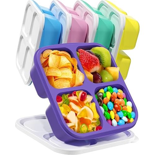 Canfanni 5 Pack Bento Snack Containers, 4 Compartment BPA-free Plastic Food Storage Containers, Divided Lunchable Container, Bento Lunch Box for Work and Travel