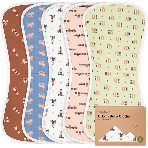Organic Burp Cloths Baby Boy & Girl - 5-Pack Super Absorbent Cotton Burping Cloths for Babies, Soft & Plush Newborn Spit Up Rags, Infant Towels for Milk Spit Up, Unisex, Large 21" x 10" (Toy Land)
