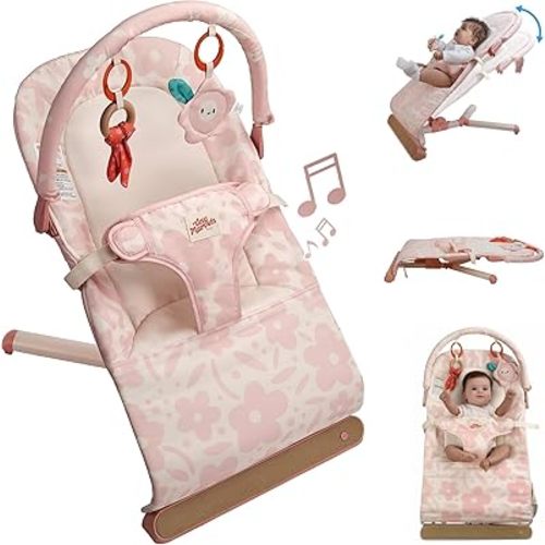 Tiny Marvels Baby Bouncer, 3-Point Harness Baby Bouncer Seat for Newborn Toddler, Portable Baby Rocking Chair with Sensory Toys and Music, Compact & Portable Baby Bouncers Chair (Pink Floral)