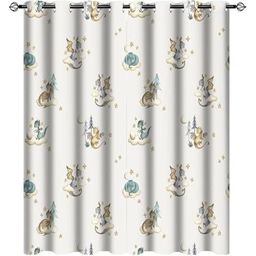 Watercolor Cute Baby Dragon Curtains for Bedroom - Fantasy Cartoon Mid Century Woodland Dragon Window Drapes,Energy Saving Thermal Insulated Grommet Top Bedroom Blackout Curtains 45L x 21W,2 Panels