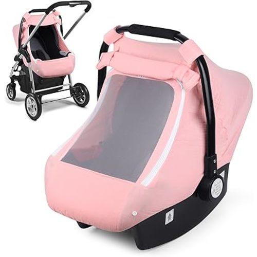 Muslin Car Seat Cover for Babies, Elstey Infant Carseat Canopy with Breathable Peep Window, Kick-Proof Baby Car Seat Covers for Boys Girls, Lightweight Newborn Carrier Cover Fit Summer