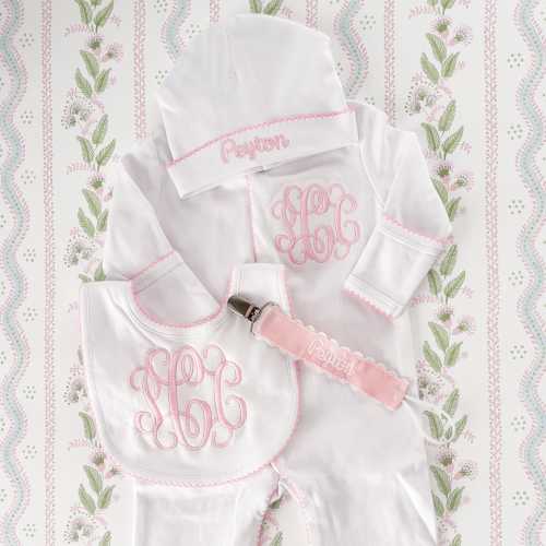 Newborn Girl Coming Home Outfit, Custom Embroidered Classic Vine Monogram Sleeper, Hat & Bib, Pink Picot Trim, Baby Girl Gift