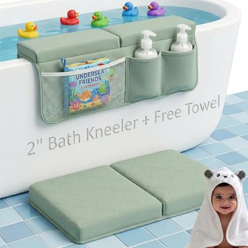 Baby Bath Kneeler and Elbow Rest Pad Set + Hooded Towel - Embroidered Kneeling Pad for Bathing Baby - Dual-Layer Memory Foam Bathtub Kneeler and Elbow Rest Set