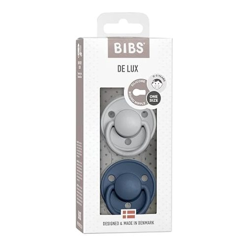 BIBS De Lux Baby Pacifier 2-Pack | Made in Denmark | BPA Free Dummy Soother, Round Nipple. Silicone, OneSize (0-36 Months), Cloud/Steel Blue - Onesize (0-36 Month) - Cloud / Steel Blue