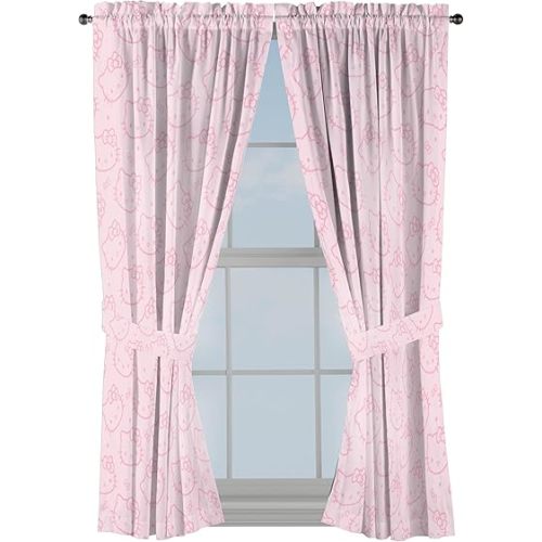 Jay Franco Window Curtains for Bedroom 4-Piece Drape Set with 2 Tiebacks, Pink - Hello Kitty, 42" W x 63" L (Pack of 2)