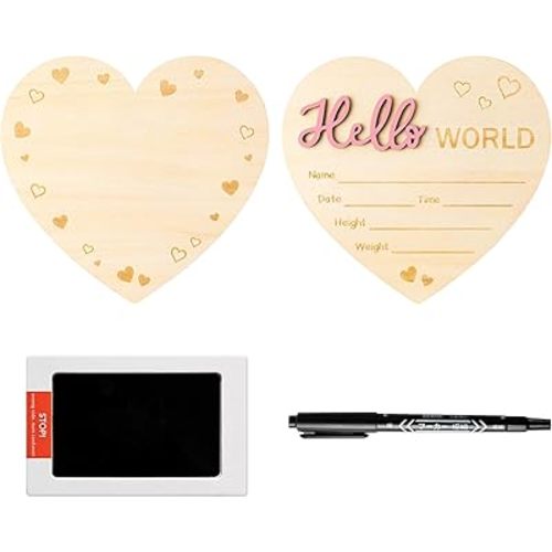 R HORSE Baby Birth Announcement Sign Marker Pen, 3D Hello World Baby Name Sign with Ink Pad for Baby Hand and Footprints, Heart Shape Newborn Announcement Nursery Decor Keepsake Gifts