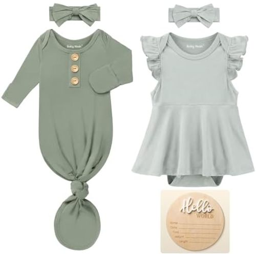 2 Pack Newborn Baby Girl Romper & Knotted Gown Set with Headbands, Announcement Sign, Soft Infant Outfit for Hospital