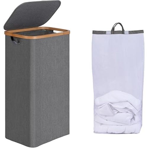 Slim Laundry Basket with Lid, Narrow Laundry Hamper with Removable Bag, Skinny Dirty Clothes Basket with Bamboo Handles for Bathroom, Bedroom & Laundry Room, 75L Grey