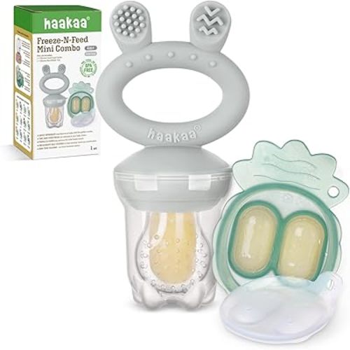 Haakaa Baby Fruit Food Feeder & Mini Freezer Nibble Tray Combo, Breastmilk Popsicle Molds for Baby Cooling Relief, BPA Free Silicone Feeder for Safe Infant Self Feeding, 4 Month+ (Slate Grey)
