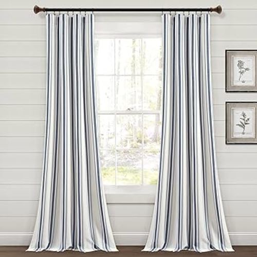 Lush Decor Farmhouse Stripe Yarn Dyed Cotton Window Curtain Panel Pair, 42" W x 84" L, Navy - Classic Modern Rustic Charm - Eco Friendly Cotton Fabric(2 count pack of 1)