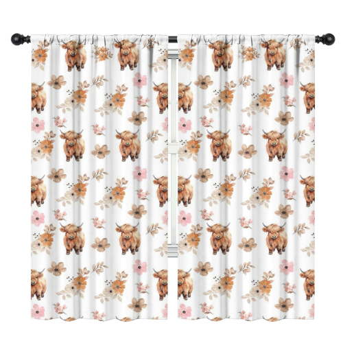 Blackout Kids Curtains,Flower and Highland Cow Childrens Insulated Curtains Set Of 2,Bedroom Essentials,Toddler Room Decor 42"x84"(106x213cm)