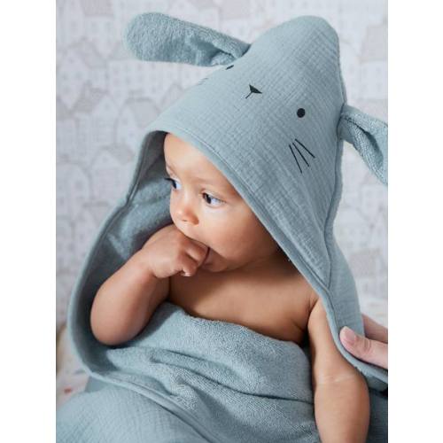 Bath Cape + Mitt in Organic* Cotton Gauze - blue medium solid with design, Bedding & Decor