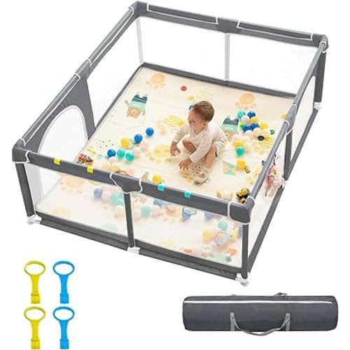 dearlomum Baby Playpen,71"x59" Extra Large Baby Playard, Playpen for Babies with Gate, 0-6 to 12 Months Baby Activity Center, Sturdy Safety Playpen with Soft Mesh,Playpen for Toddlers(Gray)