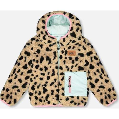 Reversible Mid-Season Sherpa Jacket Leopard, Mint Green - Deux par Deux | Maisonette