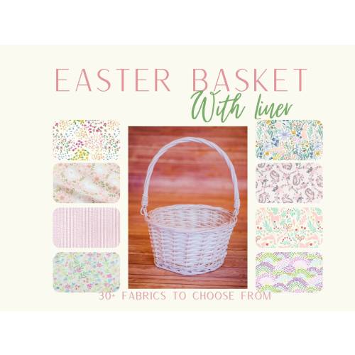 Easter Basket Custom Personalized Liner Of Your Choice | White Wood Easter Basket Folding Handle w/ Easter Basket Liner | Name Embroidered
